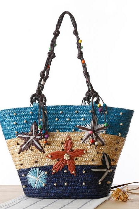 New style, Bohemian, hand-embroidered starfish straw bag, beaded woman bag, one shoulder bag