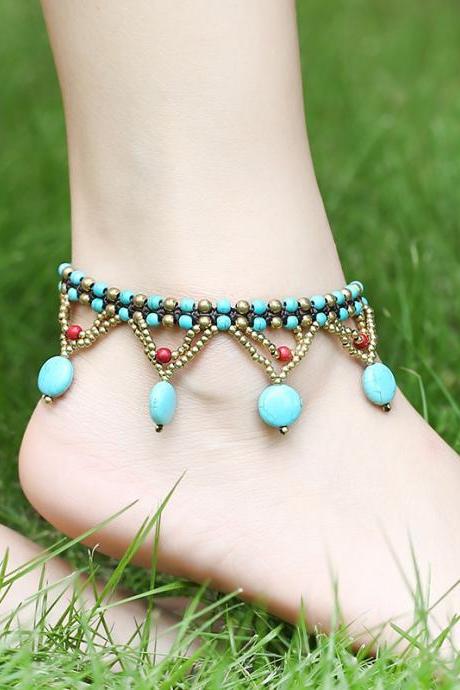 Urquoise round cake ankle chain, Bohemian beach shoe accessories, exquisite ankle chain