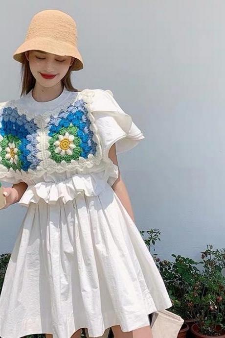 Chic Girl, Hook Flower Knitted Vest + Double Flying Sleeve Fairy Dress,two-piece Set