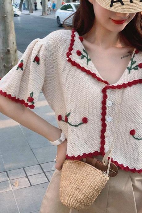Small and fresh, red embroidery single breasted short knitwear, summer lapel short sleeve sweet top