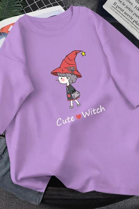 Cute Witch, Cartoon T - Shirt, Loose Fun T - Shirt, Couple T - Shirt
