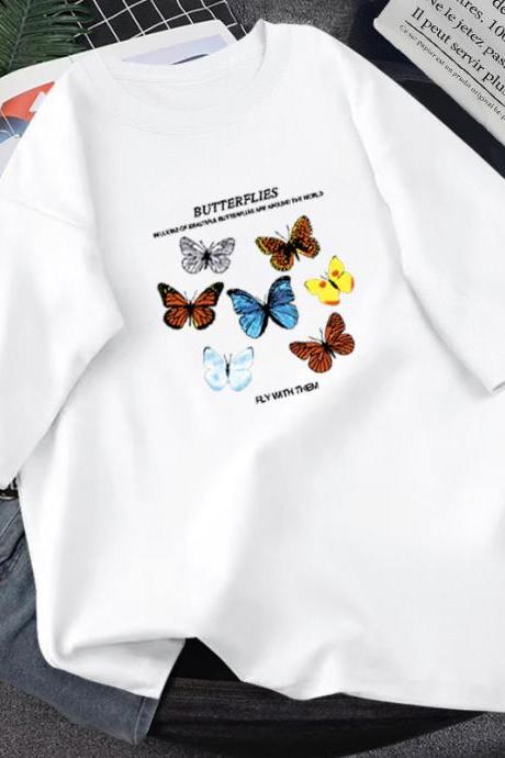 Butterflies,cartoon T - Shirt, Loose Fun T - Shirt, Couple T - Shirt