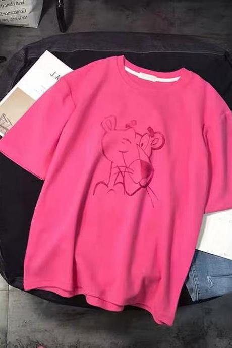 Summer, Style, Chic Cartoon, Half Sleeve T Shirt Matte Hair Pink Panther Bottom, Shirt Short Sleeve