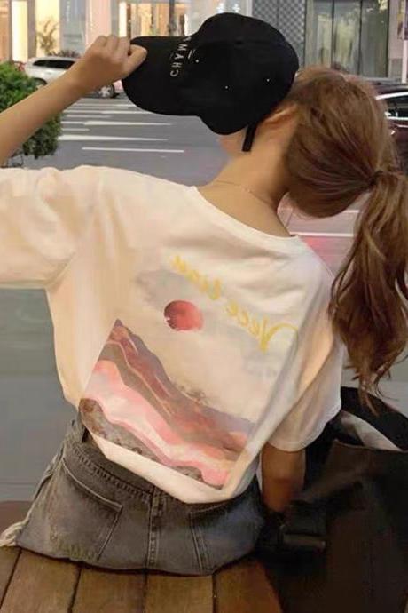 Peach pink top, students , antique style, loose short sleeve T-shirt