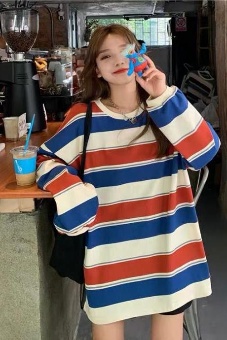 Fashion Striped Loose Blouse, Spring And Autumn Long Sleeve T-shirt