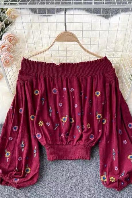 Ethnic Style, Heavy Embroidery Flowers, Elastic,off Shoulder,bubble Sleeves, Unique Short Crop Top