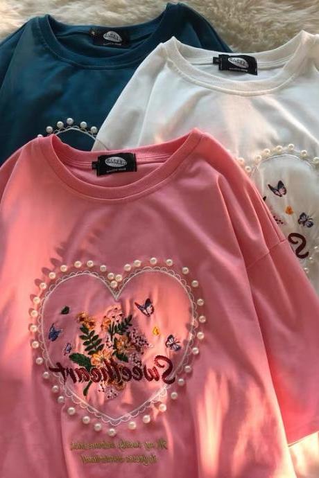 Pink Pearl T-shirt, short sleeve, heart embroidered vintage, bestie, half sleeve top