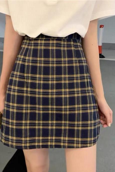 Chic Short Style Plaid Skirt, High Waist A -line Skirt, Wrap Buttock Skirt