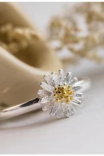 Plated 925 sterling silver, small fresh, Daisy chrysanthemum ring, open sunflower ring