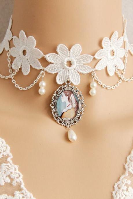 Lolita White Lace, Faux Pearl And Gemstone Pendant Necklace, Vintage Collarbone Chain, Exquisite Accessories