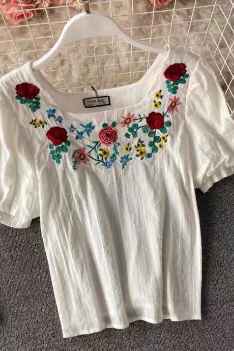 Summer, Style, Vintage, Embroidery Literary Style, Ethnic Style, Embroidery, Square Collar Shirt