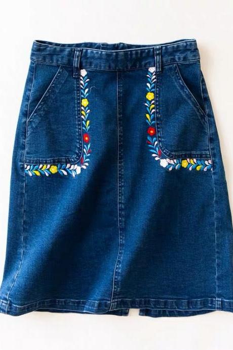Fashion denim skirt, short style, straight tube embroidery, zipper, youth skirt