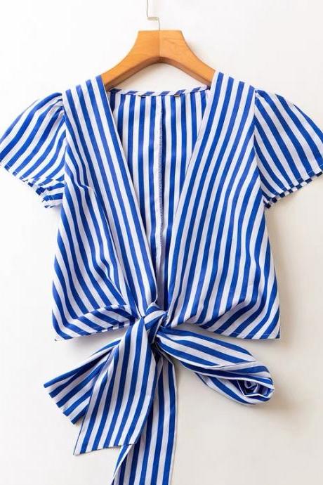 Fashion V-neck Short Style, Striped Short-sleeve T-shirt, Kimono Top
