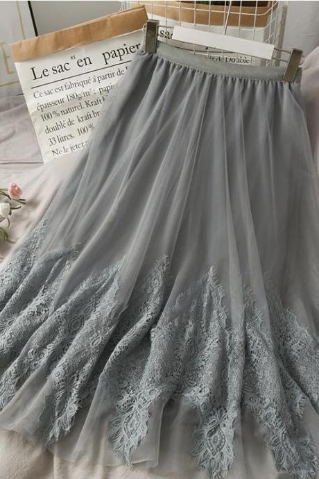 Sweet wind, embroidered medium length, high waist lace skirt