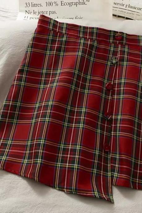Literary, Small And Fresh, Irregular Breasted High Waist A-line Skirt, Plaid Skirt
