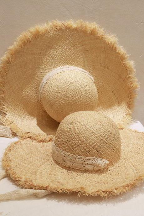 Lafite Straw Hat, Grinded Rim Extra Large Cornice, Dome, Vintage, Seaside Beach Sun Hat, Lace Straw Hat