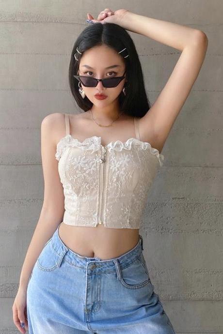 Fairy, Lace Sexy Spaghetti Strap Top, Zippered Waist-tighter Crop Top