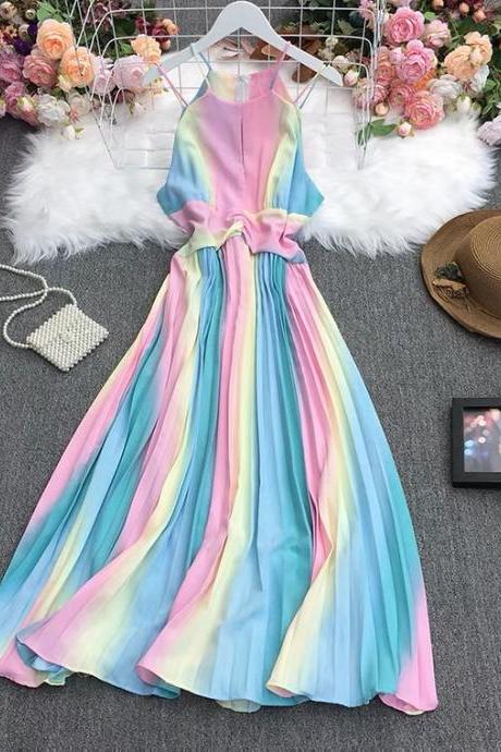 Sleeveless, Rainbow Color Gradient Pleated Dress , Halter Neck Stylish Dress