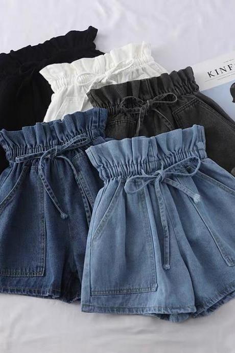 Bud Tie, High Waist Jean Shorts, Spring/summer, Short Pants, Loose Student Wide Leg Pants