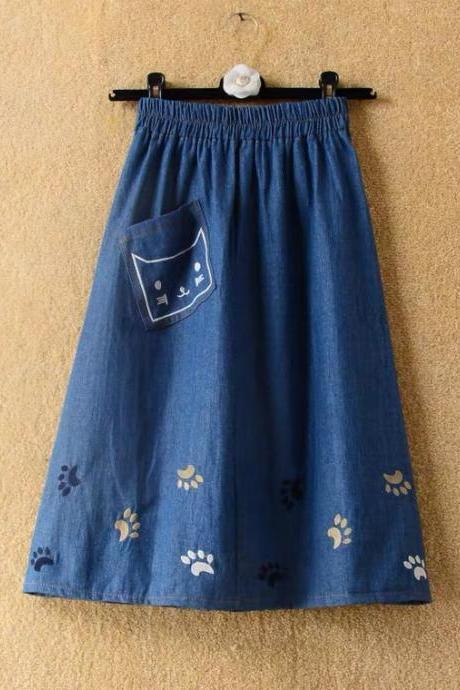 Spring and summer, new ,denim skirt, cute cat embroidery, high waist big swing mid-length skirt, A-line skirt
