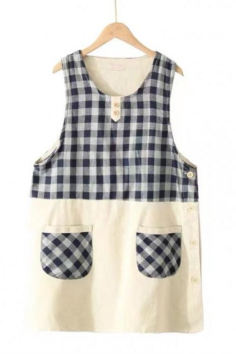 Thick cotton linen cloth plaid apron, kitchen cleaning apron at home, cute blouse