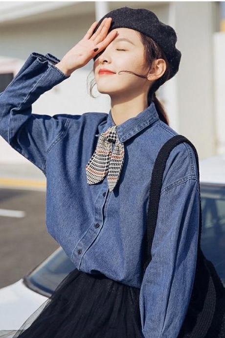 Spring And Autumn ,long Sleeve Texture Blouse, French Fashion Denim Loose Top