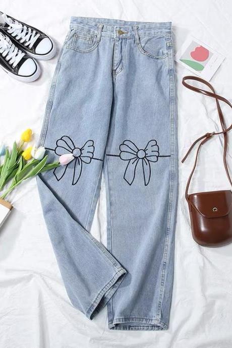 Style, Loose, High Waist Straight Leg Trousers, Student Denim Trousers