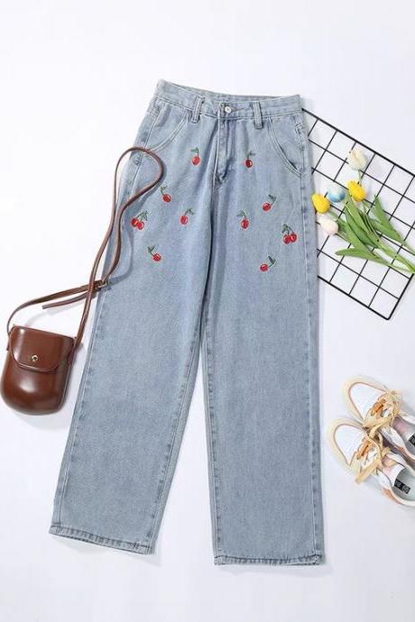 Cherry Embroidery, Washed And Aged, Light Color, High-waist Denim Pants, Summer Vintage Wide-leg Straight Pants