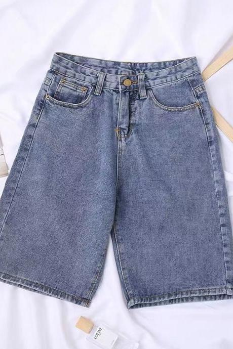 Denim Shorts, summer, thin, high waisted, loose cropped, straight medium pants