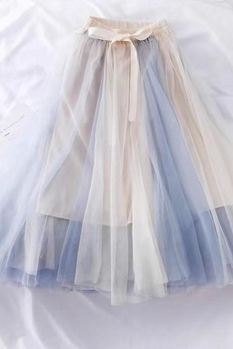Super fairy, bow tie, high waist slim mesh bouffant skirt, color matching medium length skirt