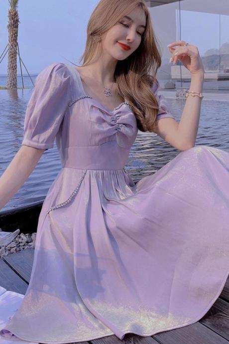 French Bubble Sleeve Purple Dress, Summer Temperament Fairy Dress