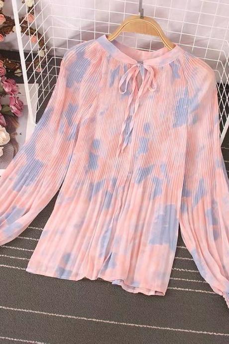 Spring And Summer , Style, Sweet, Small Fresh, Stand Collar, Tie Bow Chiffon Blouse, Bubble Sleeve, Loose, Print Top