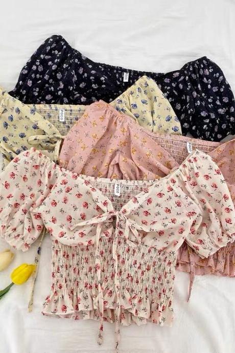 Summer, new style, stylish, V-neck, floral tie bow, loose waist short top