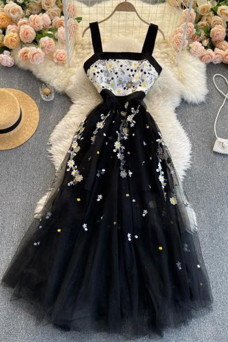 Heavy Embroidery, Spaghetti Strap Prom Dress, Plastered Big Swing Bouffant Dress,black Party Dress