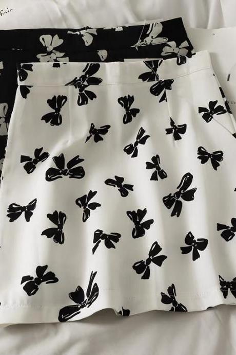 Bowknot Printed, High-waisted A-line Skirt, Hip Wrap Skirt