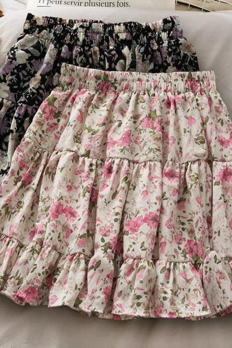 Vintage, sweet wind, floral flounce patchwork skirt, high-waisted mini skirt
