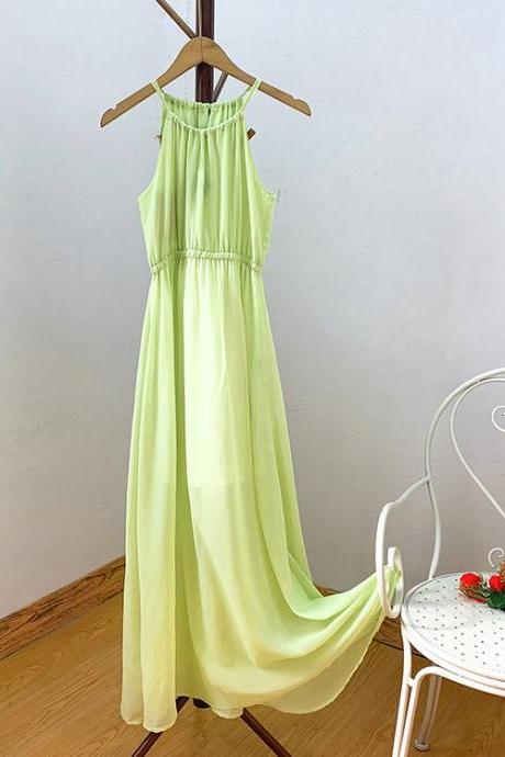 Cool And Breathable, Summer, Chiffon Halter Dress, Green Long Dress