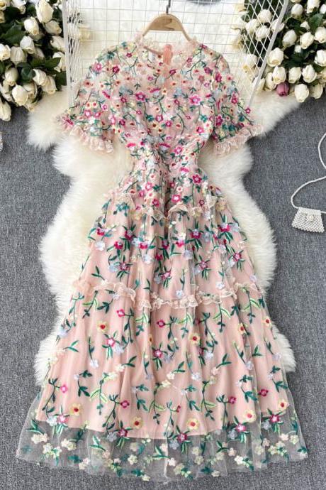 Lady dress, heavy embroidery flowers, sweet, lace mesh prom dress