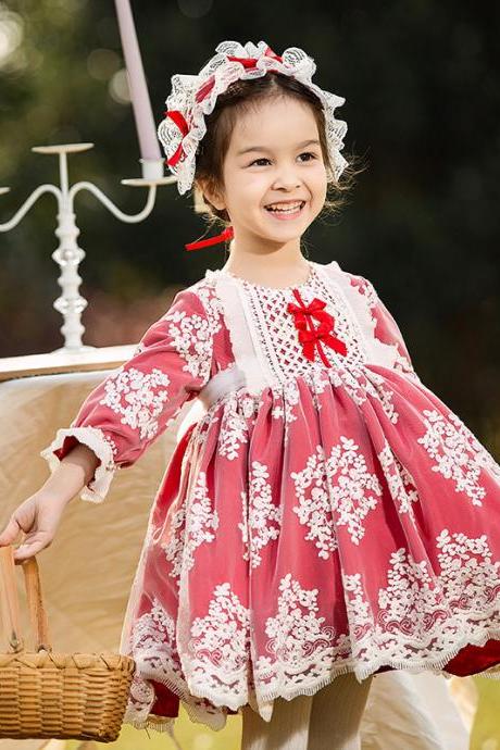 Girls,plush, new style, 1-7 years old,autumn and winter, bouffant dress, embroidered mesh dress, Lolita princess dress