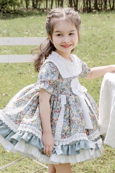 New , Lolita children's dress, baby girls floral short sleeved dress, cute princess dress