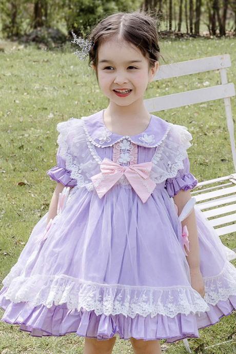 Summer, girls' short-sleeve dresses, Lolita children's dresses, Purple Lolita princess dresses