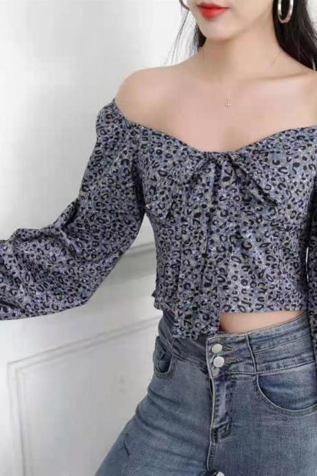 Spring/Summer, new style, bow tie long sleeve shirt, loose, stylish, leopard print puffy sleeve short top