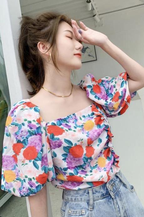 Flower bubble sleeve ,French square collar shirt, Hyun off shoulder short crop top