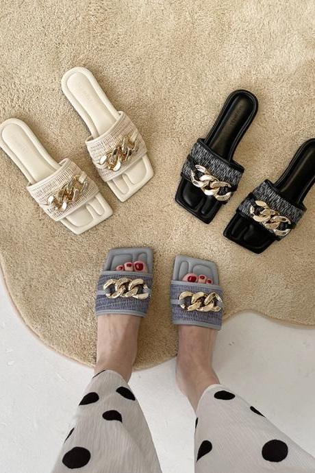 ZAR one-line women's shoes, black metal chain trim, flat slippers, peep-toe sandals