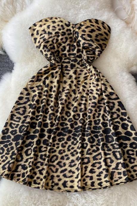 Ol, Leopard Print Temperament Dress, Backless Mini Dress, Sleeveless, High Waist A-line Dress