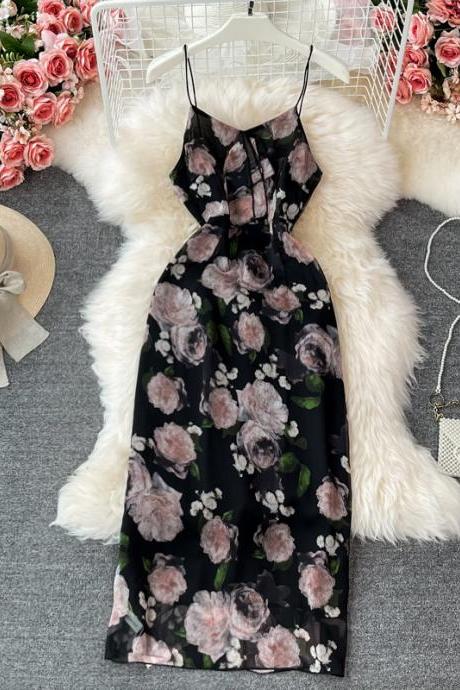 Split flower dress, new , temperament,vintage, sexy halter dress