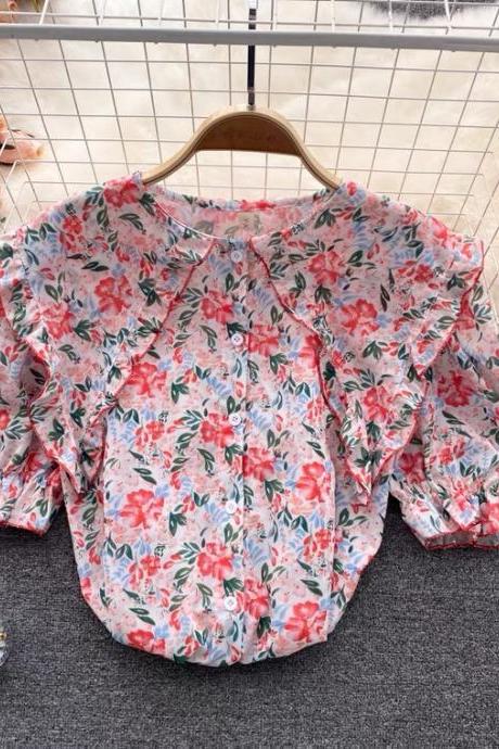 Summer, Floral Shirt, Sweet, Baby Neck Puffy Sleeve Top