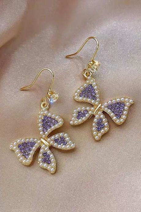 Advanced purple pearl butterfly earrings, new style, fashion, super fairy earrings