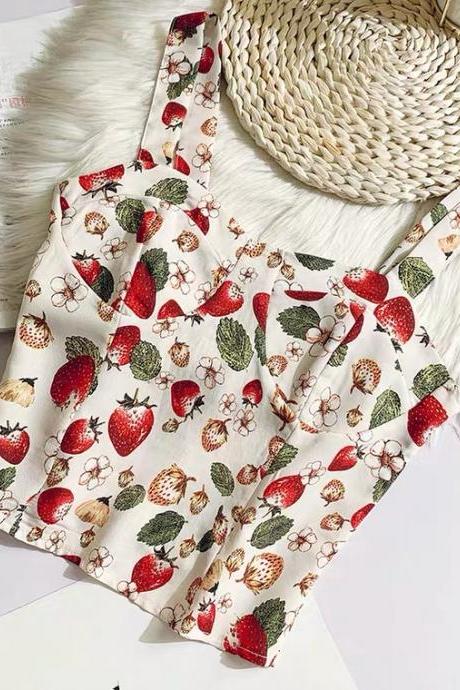 Sweet, floral strawberry top, short crop top