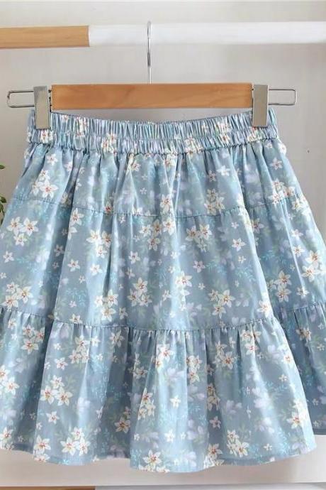 Floral Skirt, Style, Cotton And Linen, Small Fresh, Preppy Style, High Waist Pleated Skirt